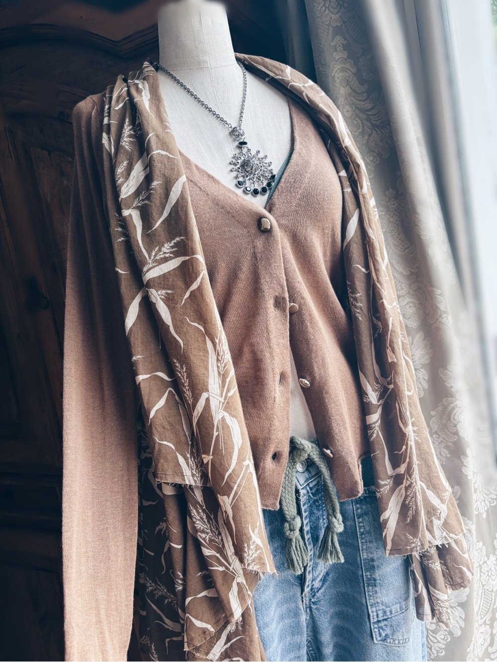 Anthropologie Linen Cotton Wheat Print Layered Sweater Wrap Top NWT